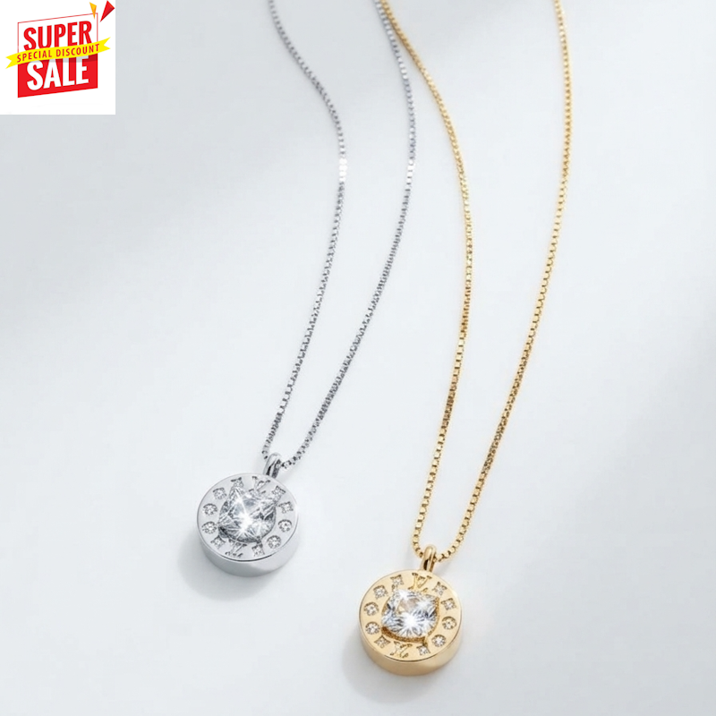 Two round pendant necklaces on delicate chains, one silver-toned and one gold-toned, each featuring a central clear gemstone surrounded by small inset stones. A red and yellow 'SUPER SALE' badge appears in the top-left corner.