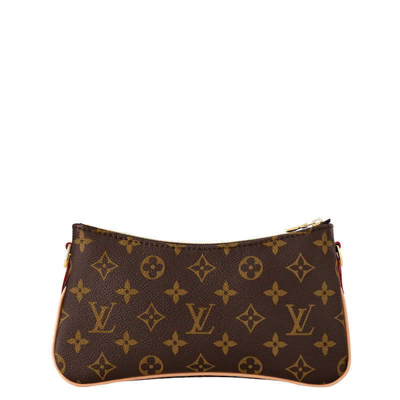 monogram canvas pouch in dark brown with gold-tone hardware, shown against a plain white background.