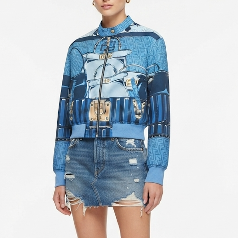 A model wearing a blue and navy zip-up bomber jacket with a detailed graphic print of a motorcycle and a denim mini skirt, set against a plain white background.
