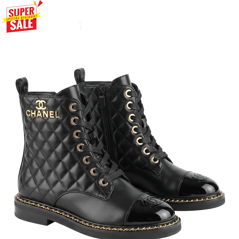 Black lace-up ankle boots with quilted leather panels, gold-tone eyelets, and a 'CHANEL' logo on the side, shown on a white background with a red 'SUPER SALE' badge in the top-left corner.