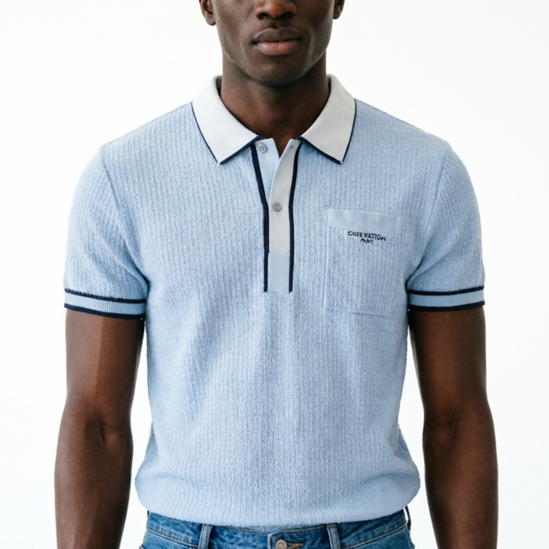 A man wearing a light blue ribbed short-sleeve polo shirt with a white collar and navy blue trim, featuring the '' logo on the chest pocket.