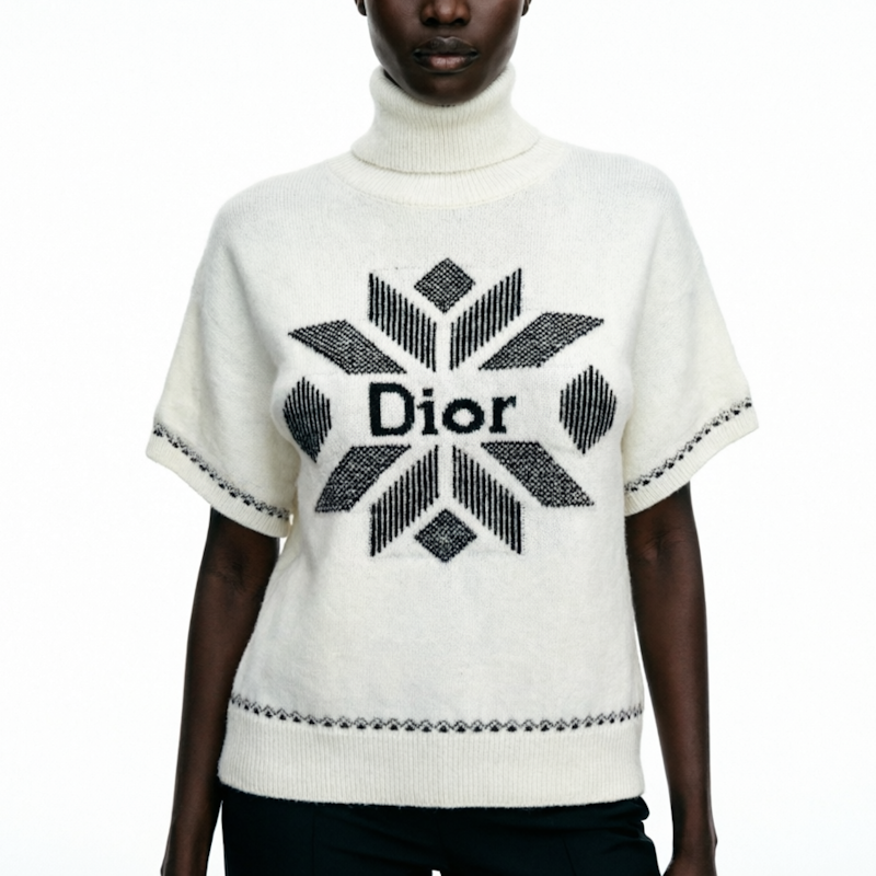 A model wearing a cream-colored short-sleeve turtleneck sweater with a black geometric Di logo on the chest.