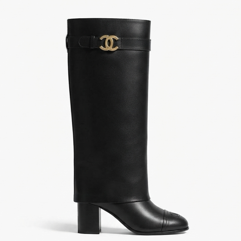 A black leather knee-high boot with a block heel and a gold-tone interlocking CC logo buckle at the top, shown from a side profile on a white background.